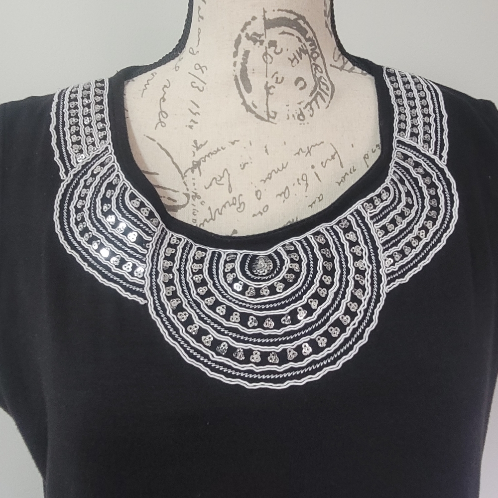 Nina Leonard Black maxi dress with embroidered sequined neckline in L